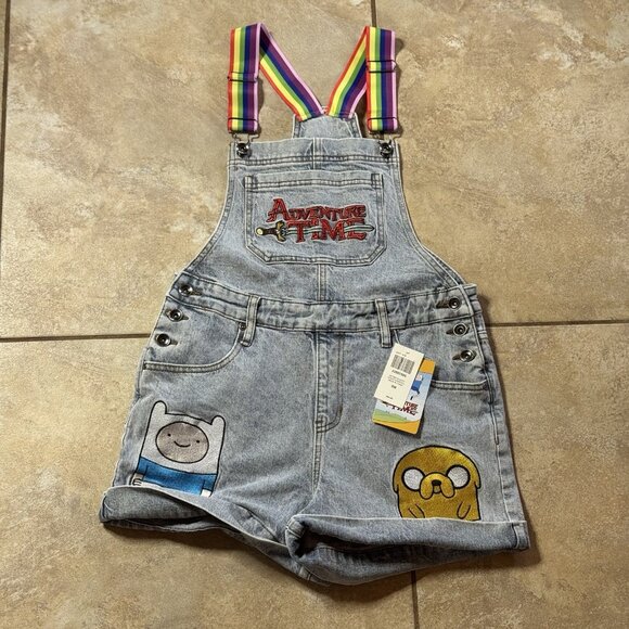 Adventure Time Rainbow Straps Denim Shortalls SMALL Jake Finn BMO New - Picture 1 of 13